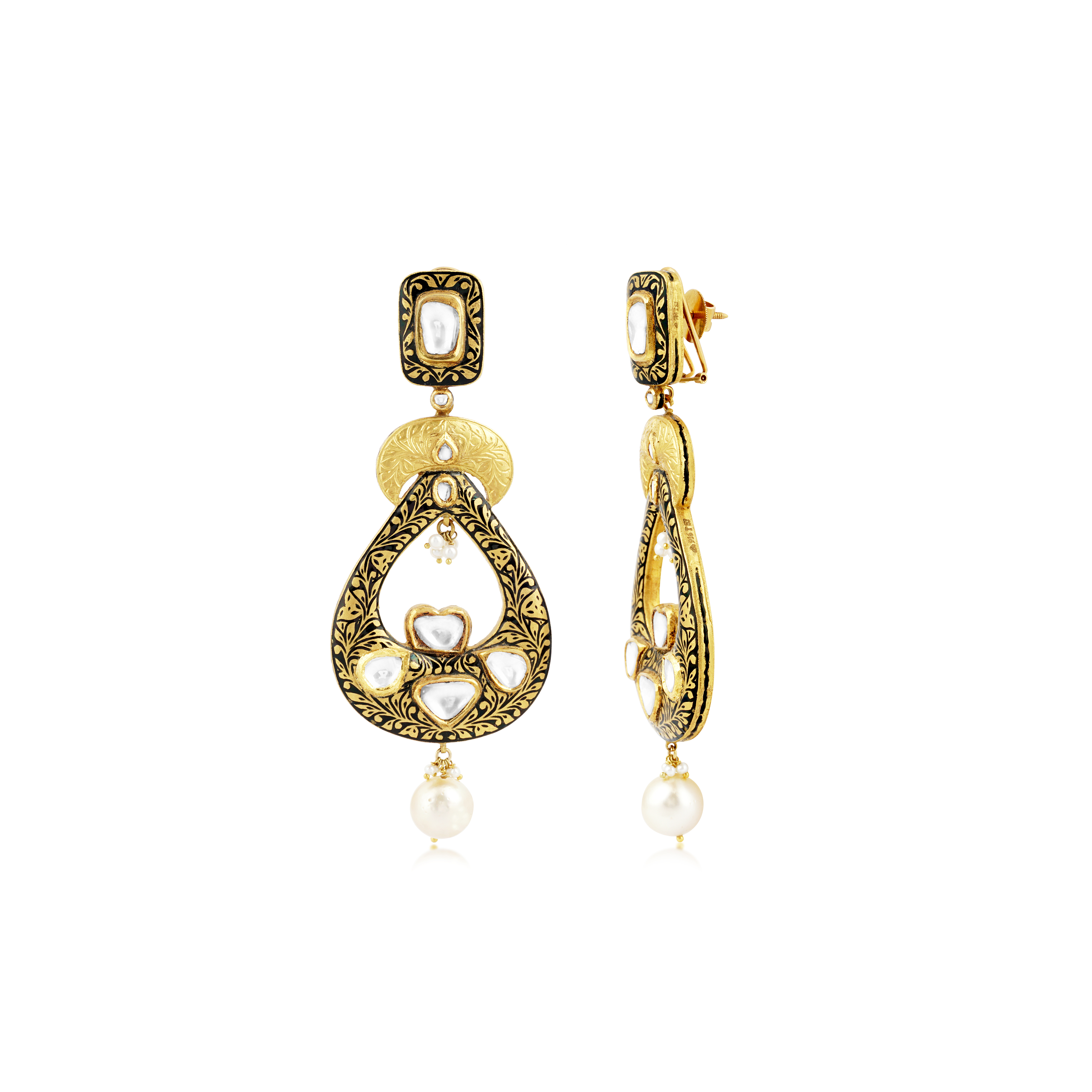 Teardrop Polki Earrings with Partash Work and Pearl Drops